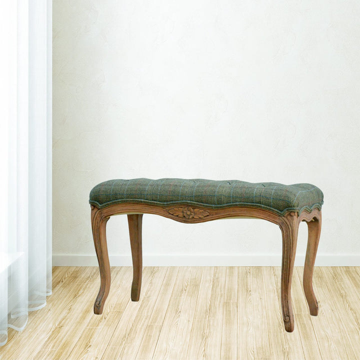 Carved Multi Tweed Bedroom Bench - Solid Mango Wood Seating Furniture for Entryway - product view 3 showing handcrafted...