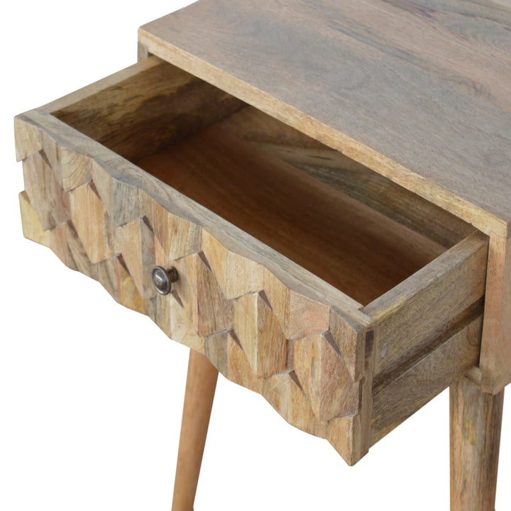 Carved Oak-ish Nightstand - Solid Mango Wood Bedside Table for Bedroom - product view 4 showing handcrafted solid mango...