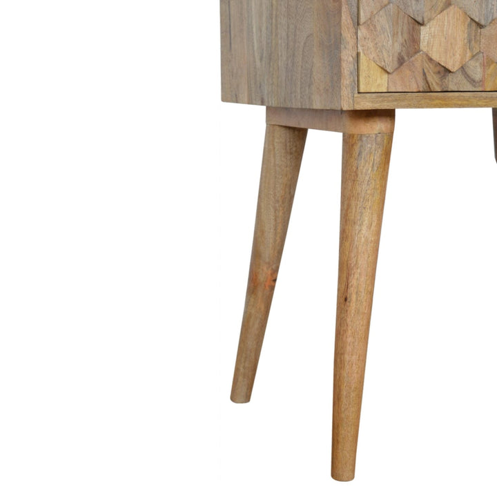 Carved Oak-ish Nightstand - Solid Mango Wood Bedside Table for Bedroom - product view 6 showing handcrafted solid mango...