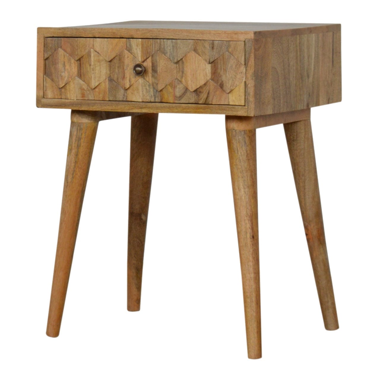 Carved Oak-ish Nightstand - Solid Mango Wood Bedside Table for Bedroom - product view 2 showing handcrafted solid mango...