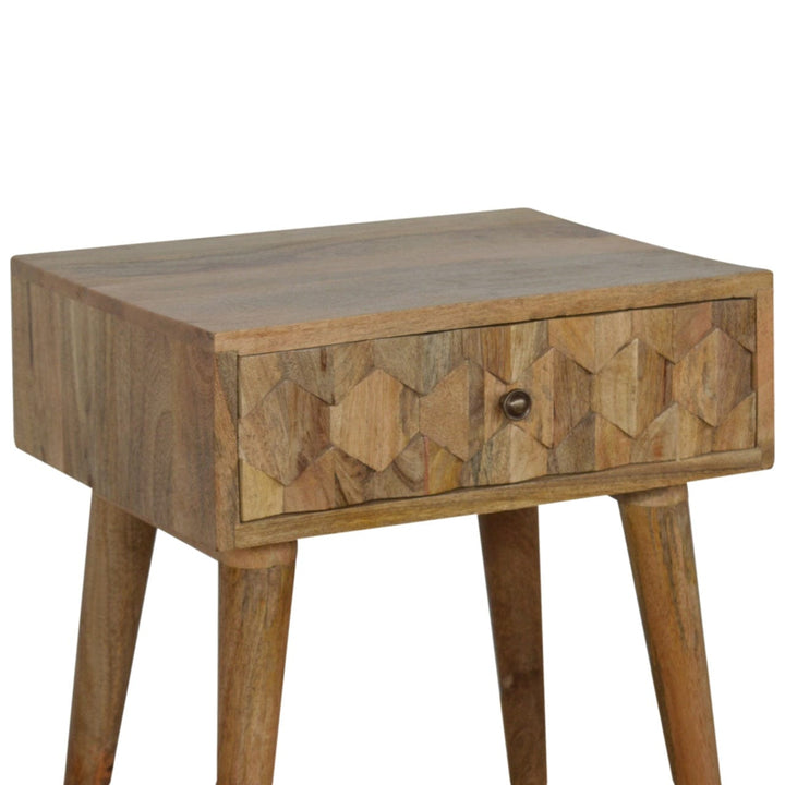 Carved Oak-ish Nightstand - Solid Mango Wood Bedside Table for Bedroom - product view 5 showing handcrafted solid mango...