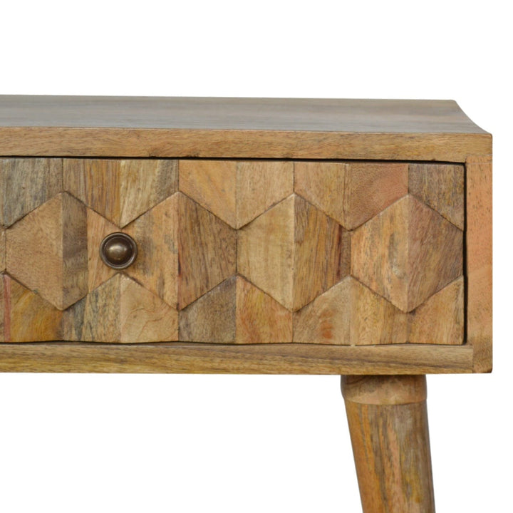 Carved Oak-ish Nightstand - Solid Mango Wood Bedside Table for Bedroom - product view 3 showing handcrafted solid mango...