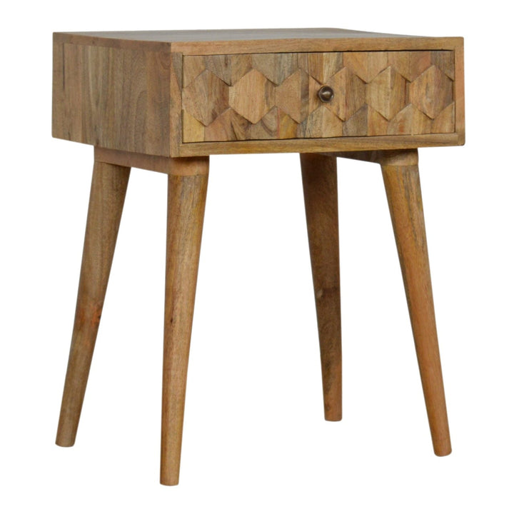 Carved Oak-ish Nightstand - Solid Mango Wood Bedside Table for Bedroom - main view showing handcrafted solid mango wood...