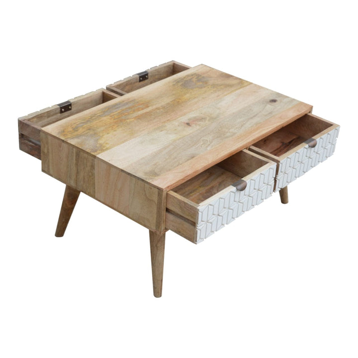 Carved Sleek White Coffee Table - Solid Mango Wood Center Table for Living Room - product view 6 showing handcrafted...
