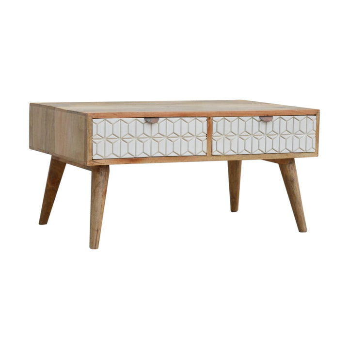 Carved Sleek White Coffee Table - Solid Mango Wood Center Table for Living Room - main view showing handcrafted solid...