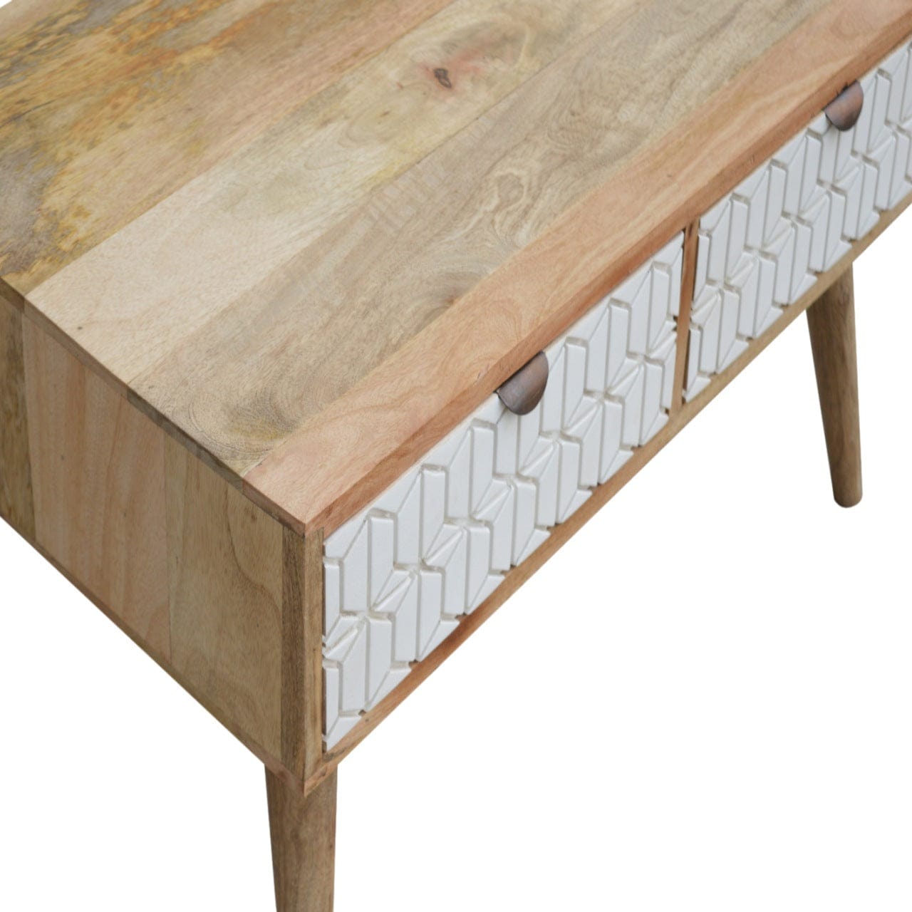 Carved Sleek White Coffee Table - Solid Mango Wood Center Table for Living Room - product view 4 showing handcrafted...