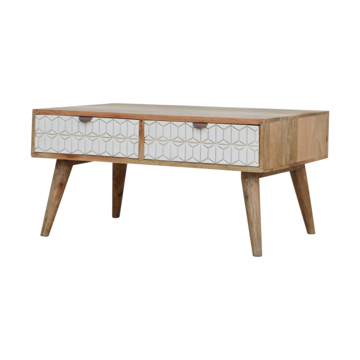 Carved Sleek White Coffee Table - Solid Mango Wood Center Table for Living Room - product view 2 showing handcrafted...
