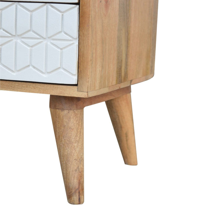 Carved Sleek White TV Stand - Solid Mango Wood Entertainment Center for Living Room - product view 5 showing handcrafted...