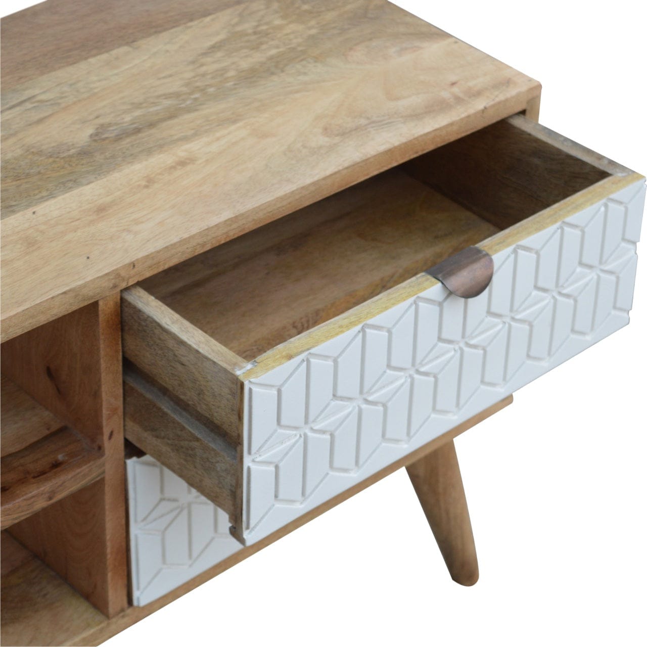 Carved Sleek White TV Stand - Solid Mango Wood Entertainment Center for Living Room - product view 3 showing handcrafted...