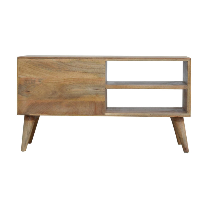 Carved Sleek White TV Stand - Solid Mango Wood Entertainment Center for Living Room - product view 8 showing handcrafted...