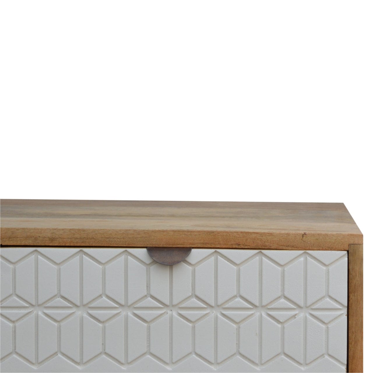 Carved Sleek White TV Stand - Solid Mango Wood Entertainment Center for Living Room - product view 6 showing handcrafted...