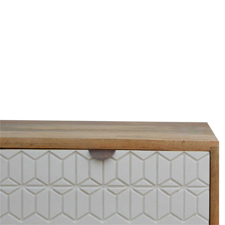 Carved Sleek White TV Stand - Solid Mango Wood Entertainment Center for Living Room - product view 6 showing handcrafted...