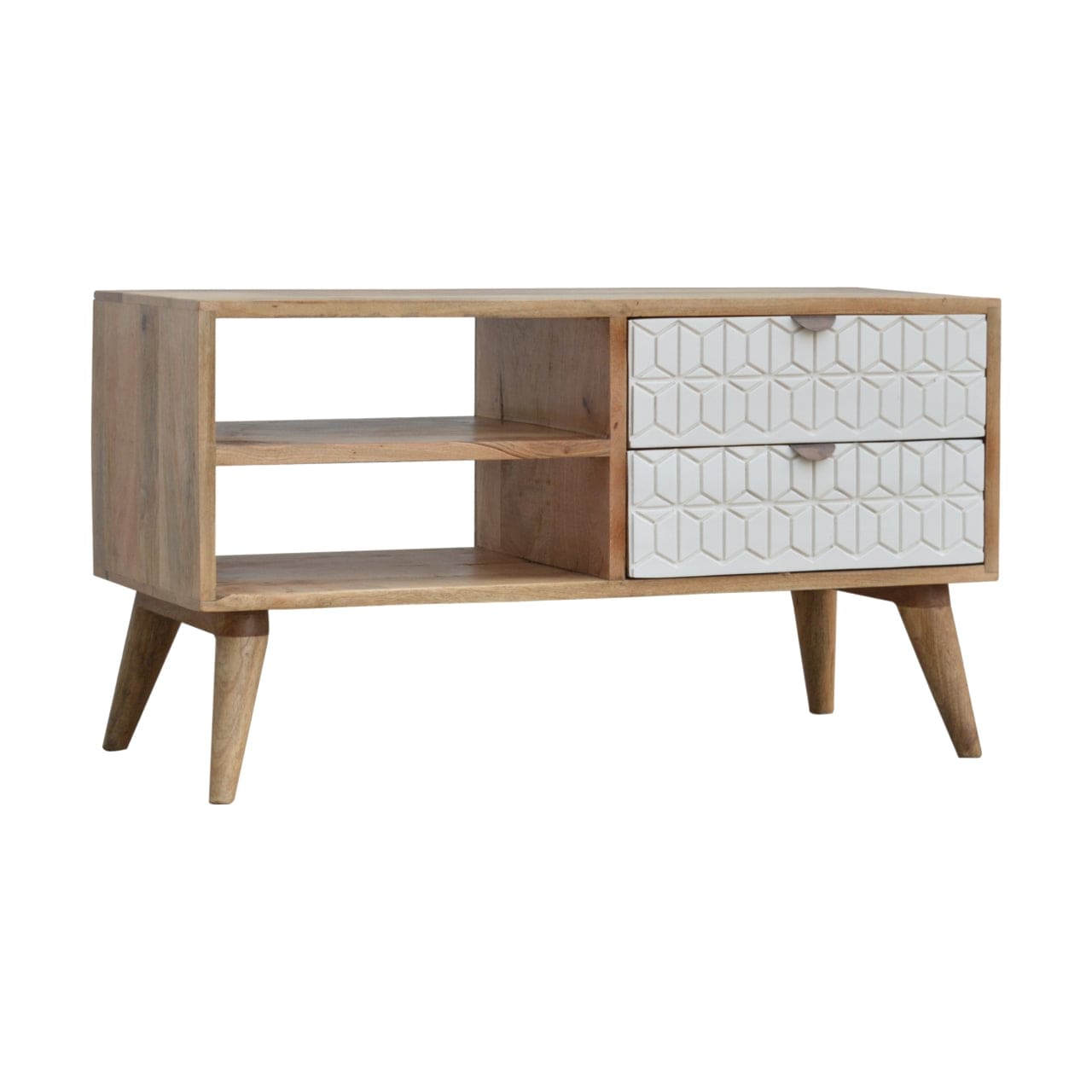 Carved Sleek White TV Stand - Solid Mango Wood Entertainment Center for Living Room - product view 2 showing handcrafted...