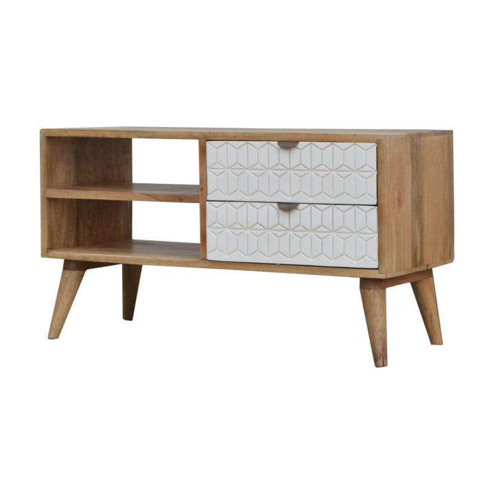 Carved Sleek White TV Stand - Solid Mango Wood Entertainment Center for Living Room - main view showing handcrafted solid...