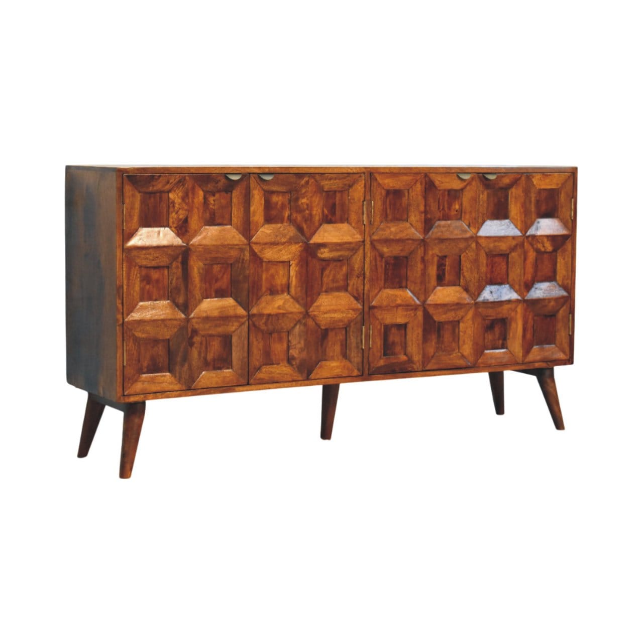 Carved Solis 4 Door Chestnut Sideboard - Solid Mango Wood Buffet Cabinet for Dining Room - product view 2 showing...