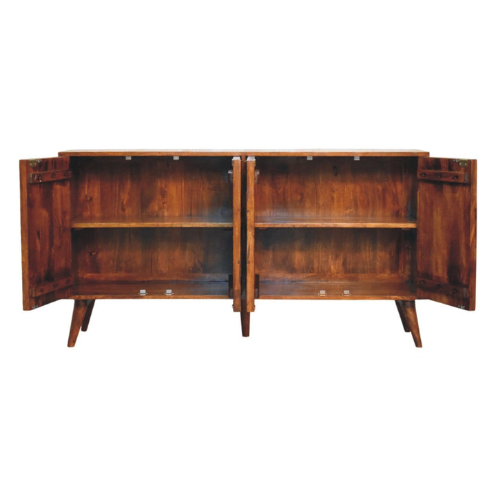 Carved Solis 4 Door Chestnut Sideboard - Solid Mango Wood Buffet Cabinet for Dining Room - product view 6 showing...