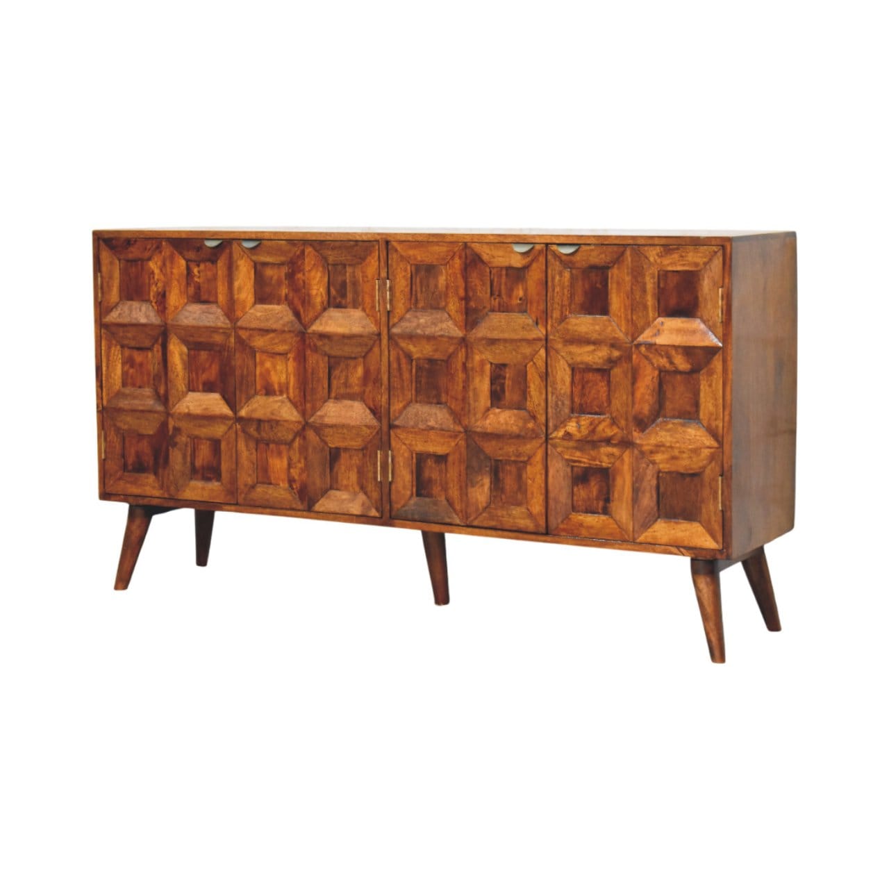 Carved Solis 4 Door Chestnut Sideboard - Solid Mango Wood Buffet Cabinet for Dining Room - main view showing handcrafted...