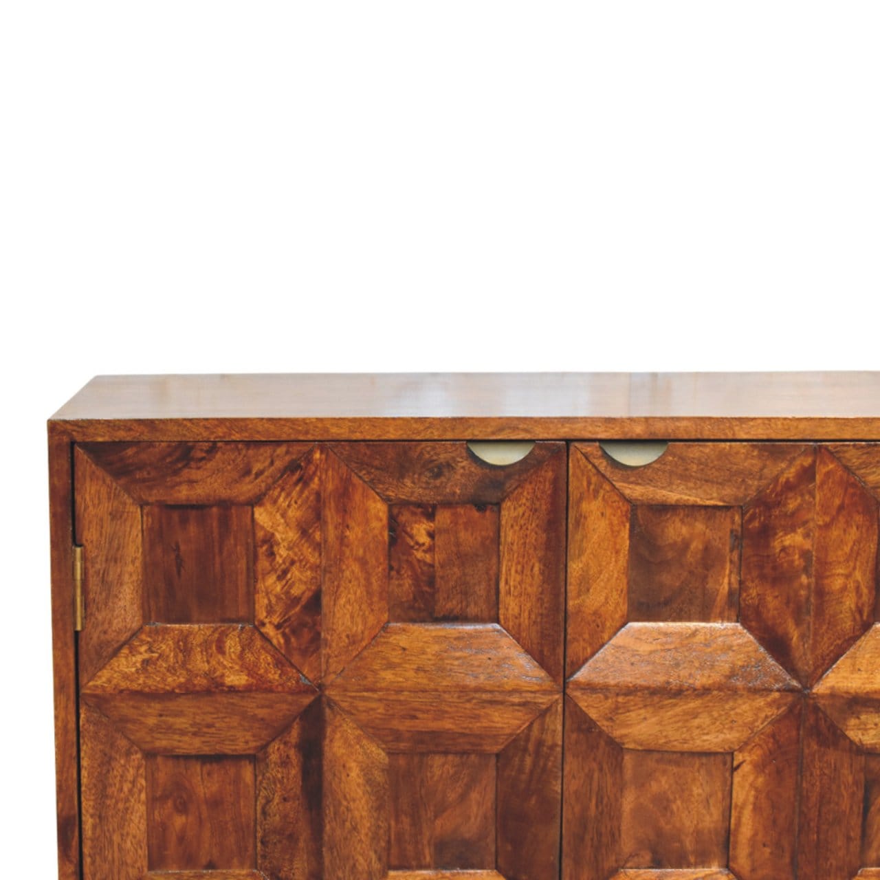 Carved Solis 4 Door Chestnut Sideboard - Solid Mango Wood Buffet Cabinet for Dining Room - product view 3 showing...