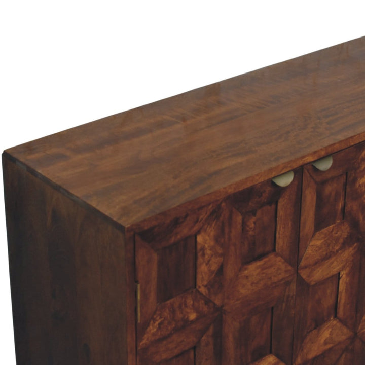 Carved Solis 4 Door Chestnut Sideboard - Solid Mango Wood Buffet Cabinet for Dining Room - product view 4 showing...