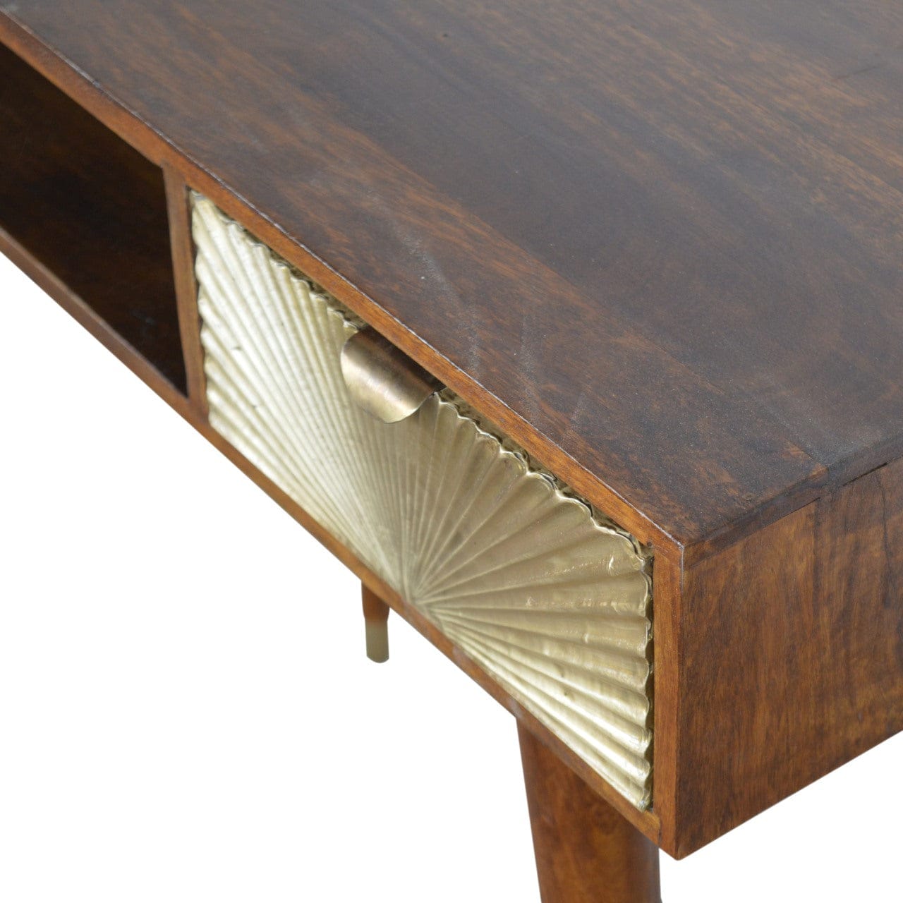 Carved Sunrise Gold Writing Desk - Solid Mango Wood Writing Table for Home Office - product view 5 showing handcrafted...