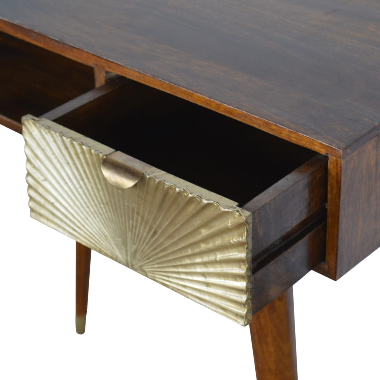 Carved Sunrise Gold Writing Desk - Solid Mango Wood Writing Table for Home Office - product view 6 showing handcrafted...