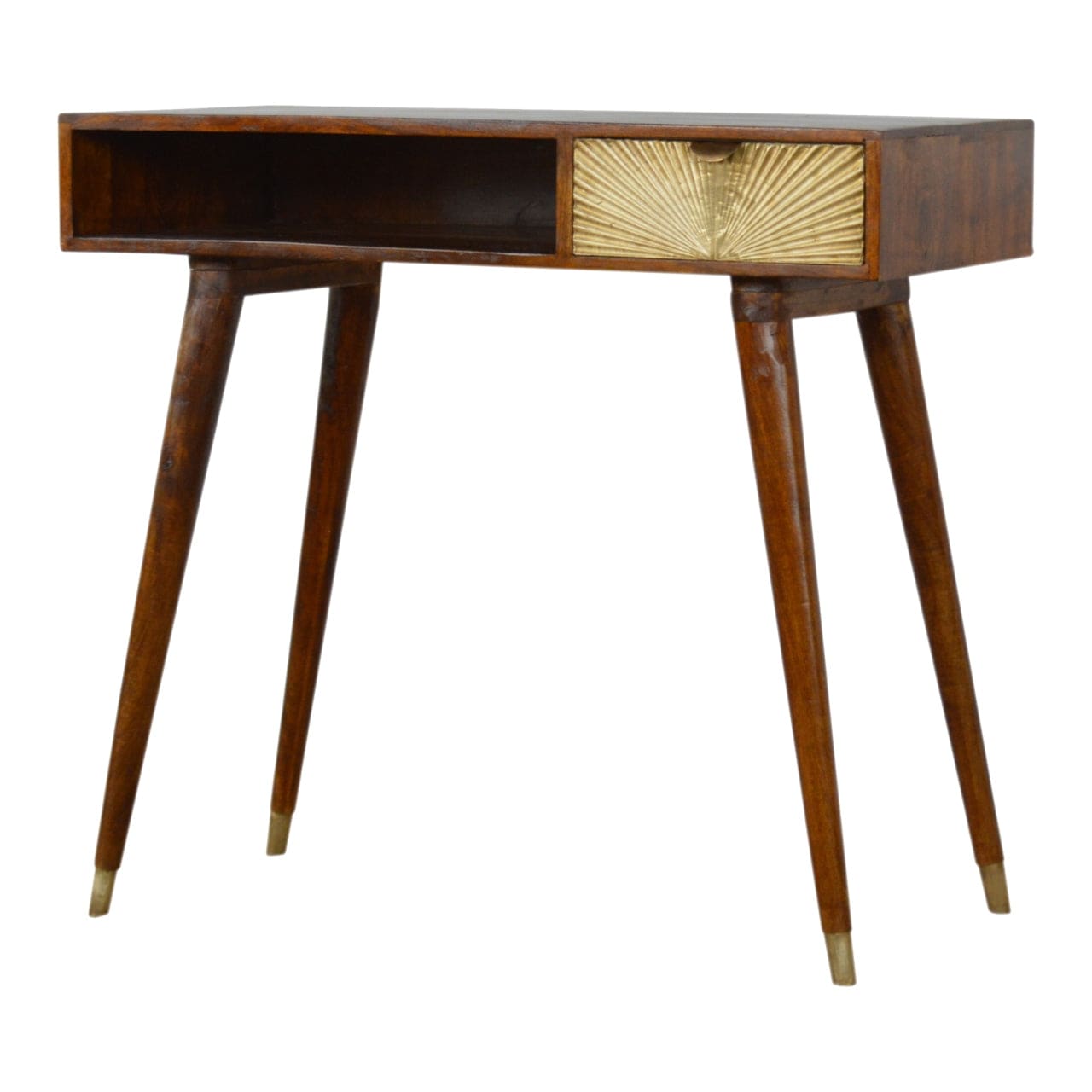 Carved Sunrise Gold Writing Desk - Solid Mango Wood Writing Table for Home Office - product view 9 showing handcrafted...