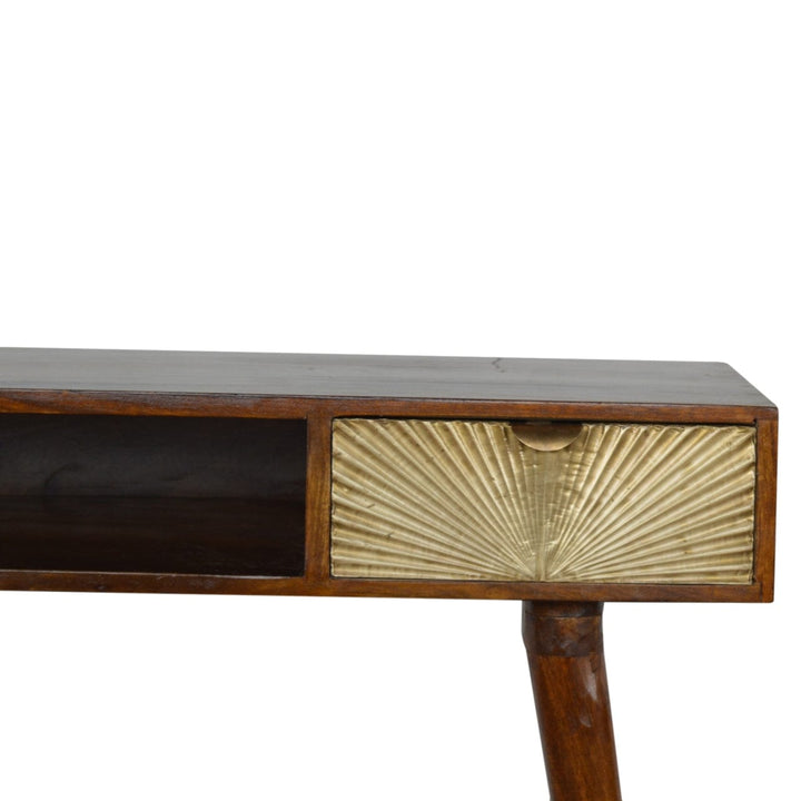 Carved Sunrise Gold Writing Desk - Solid Mango Wood Writing Table for Home Office - product view 4 showing handcrafted...