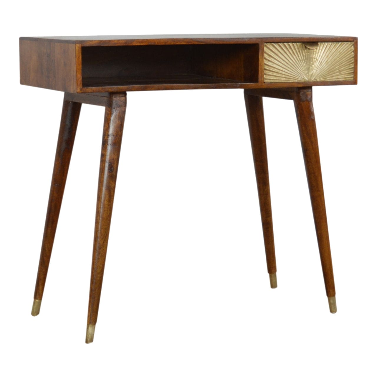 Carved Sunrise Gold Writing Desk - Solid Mango Wood Writing Table for Home Office - product view 2 showing handcrafted...
