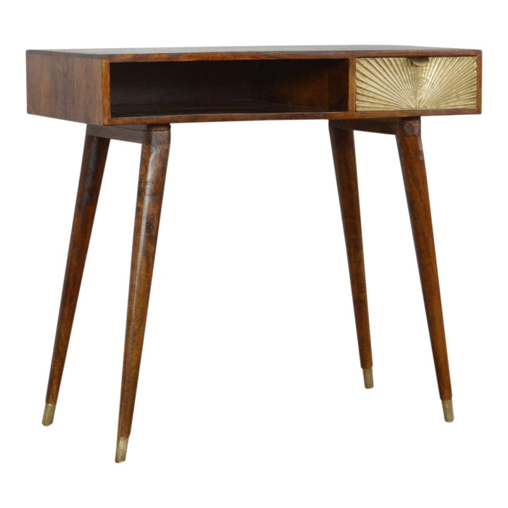 Carved Sunrise Gold Writing Desk - Solid Mango Wood Writing Table for Home Office - product view 2 showing handcrafted...