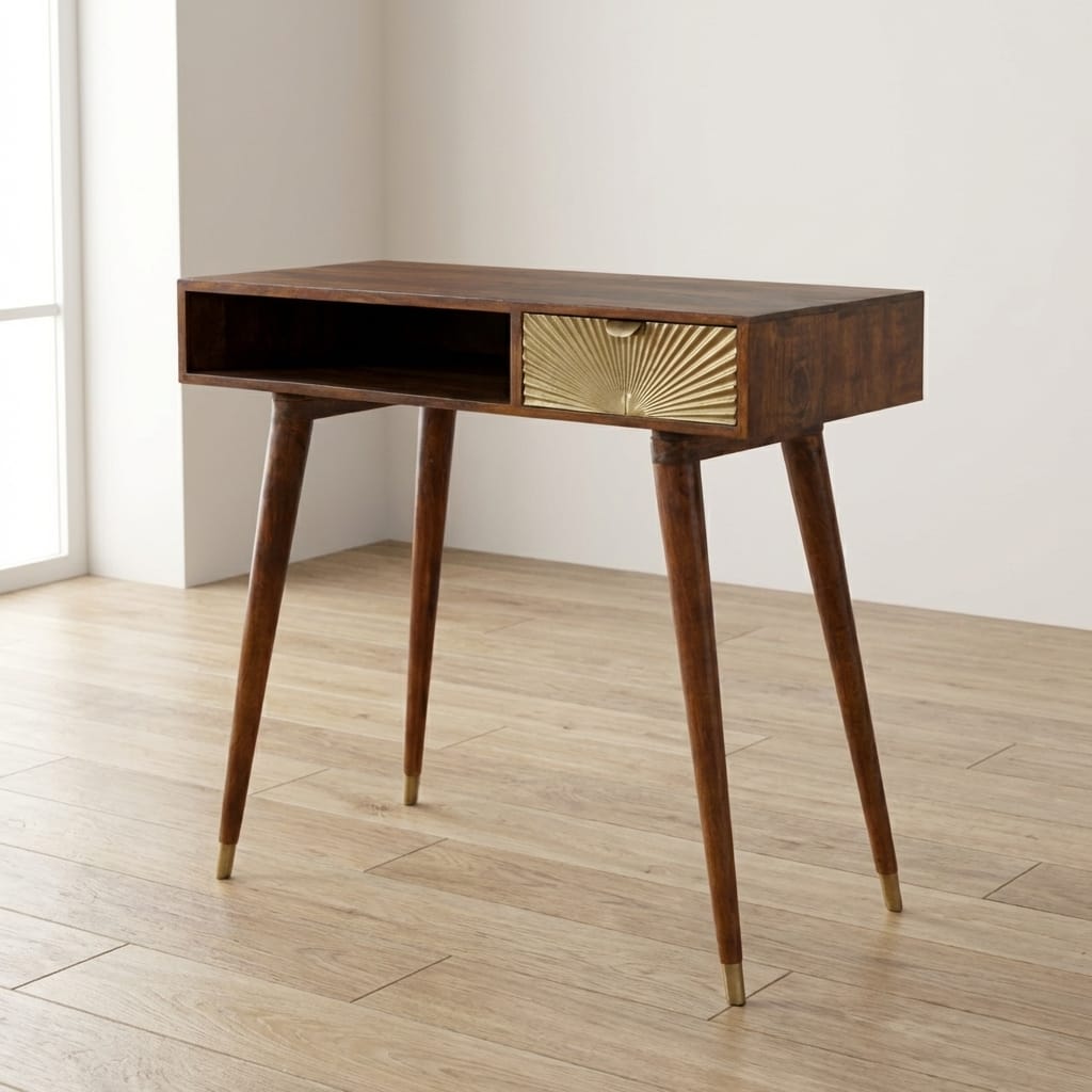 Carved Sunrise Gold Writing Desk - Solid Mango Wood Writing Table for Home Office - main view showing handcrafted solid...