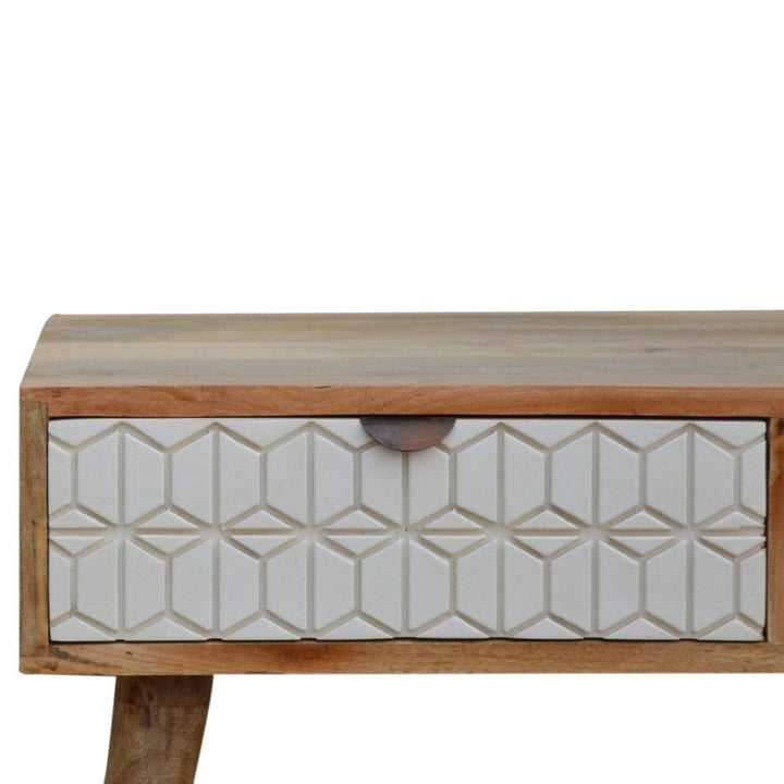 Carved Sleek White Coffee Table - Solid Mango Wood Center Table for Living Room - product view 3 showing handcrafted...
