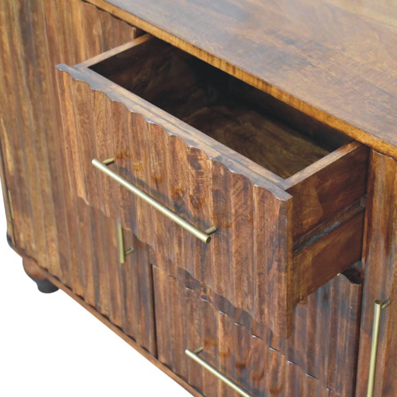 Chestnut Curve Sideboard in Solid Mango Wood - product view 5 showing handcrafted solid mango wood sideboard