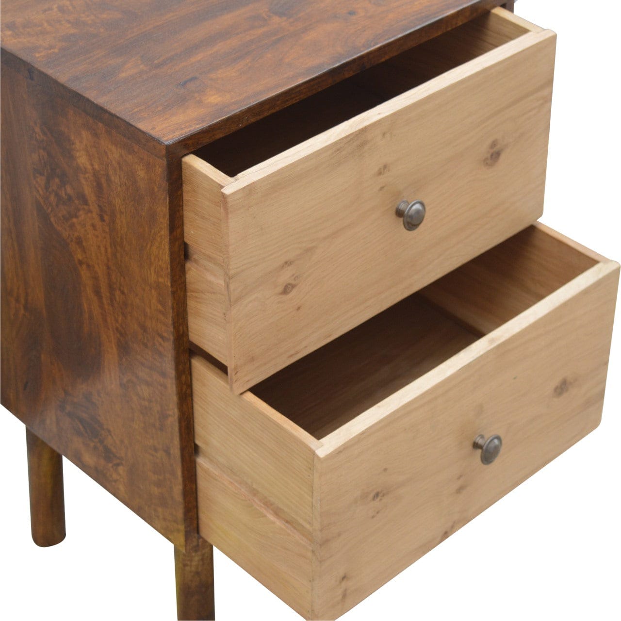 Chestnut Front 2 Nightstand - Solid Mango Wood Bedside Table for Bedroom - product view 5 showing handcrafted solid mango...
