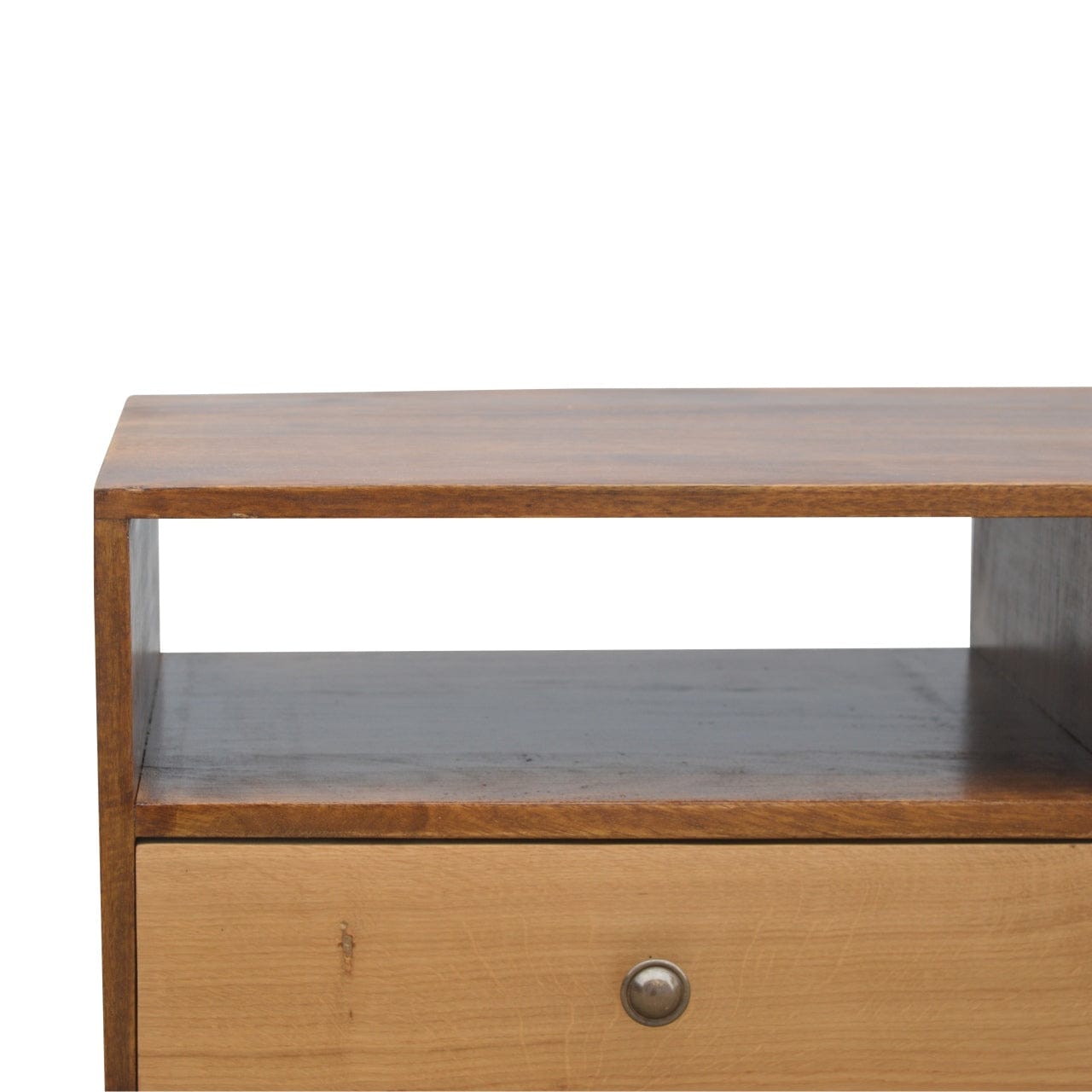 Chestnut Front TV Stand - Solid Mango Wood Entertainment Center for Living Room - product view 6 showing handcrafted...
