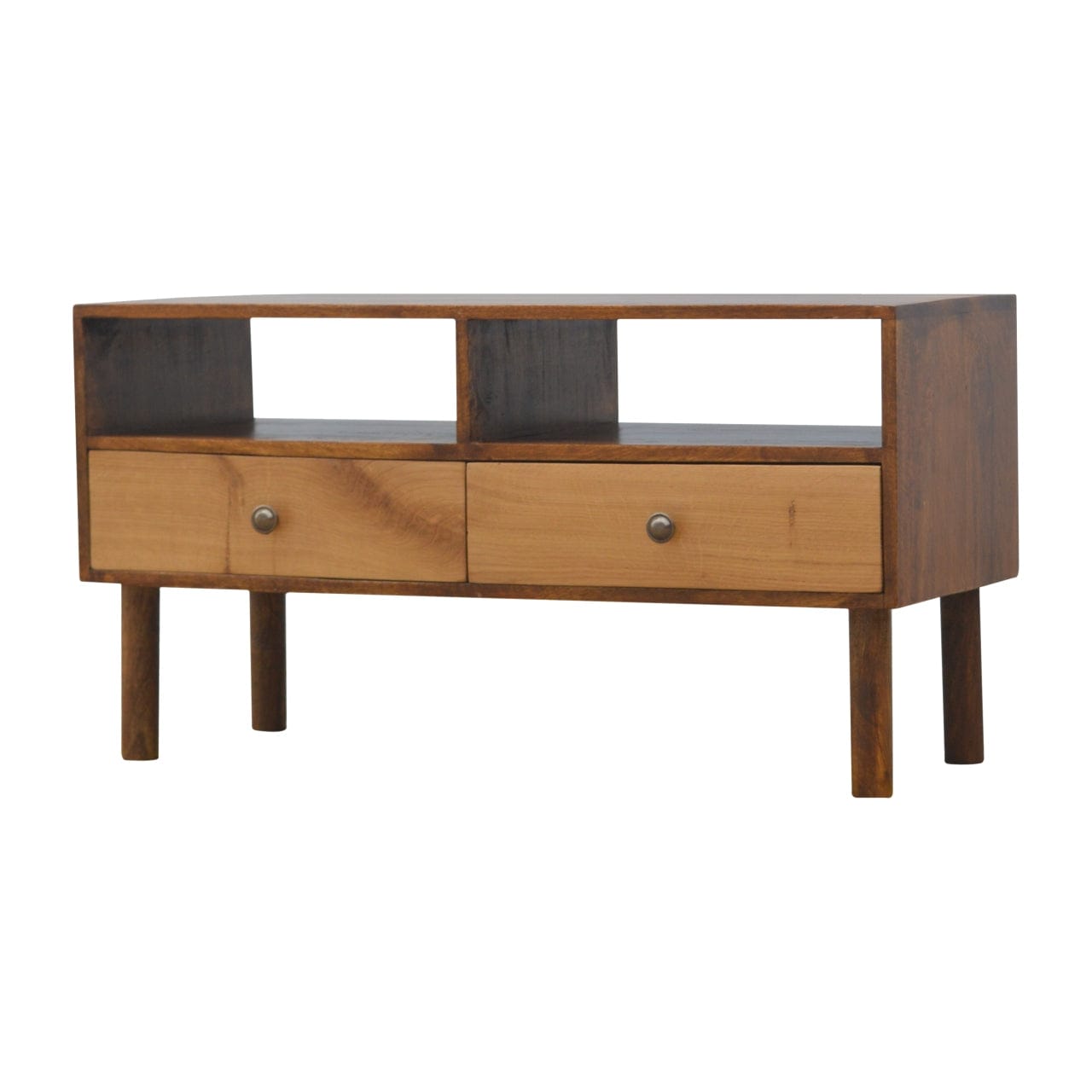 Chestnut Front TV Stand - Solid Mango Wood Entertainment Center for Living Room - product view 2 showing handcrafted...