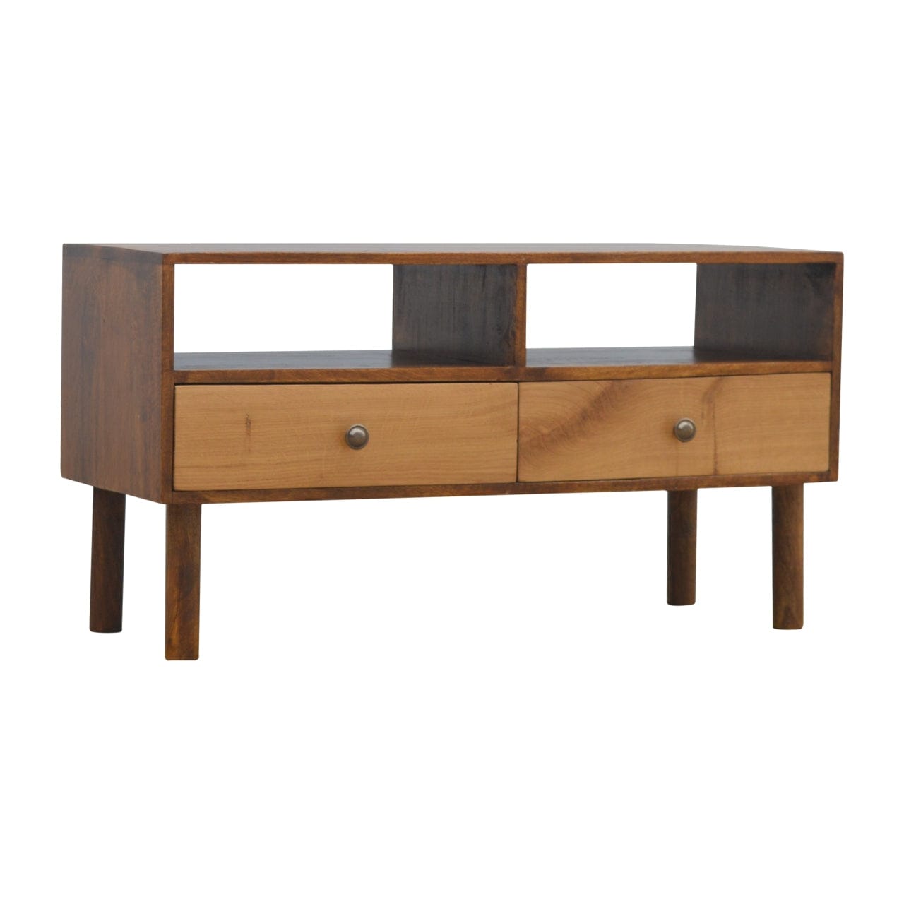 Chestnut Front TV Stand - Solid Mango Wood Entertainment Center for Living Room - main view showing handcrafted solid...