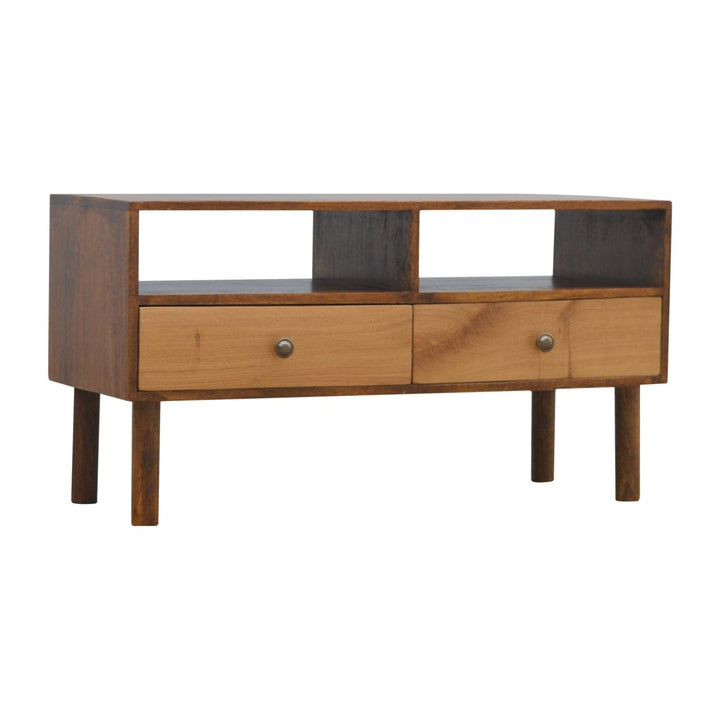 Chestnut Front TV Stand - Solid Mango Wood Entertainment Center for Living Room - main view showing handcrafted solid...