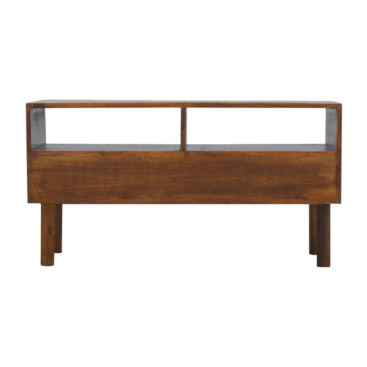 Chestnut Front TV Stand - Solid Mango Wood Entertainment Center for Living Room - product view 8 showing handcrafted...