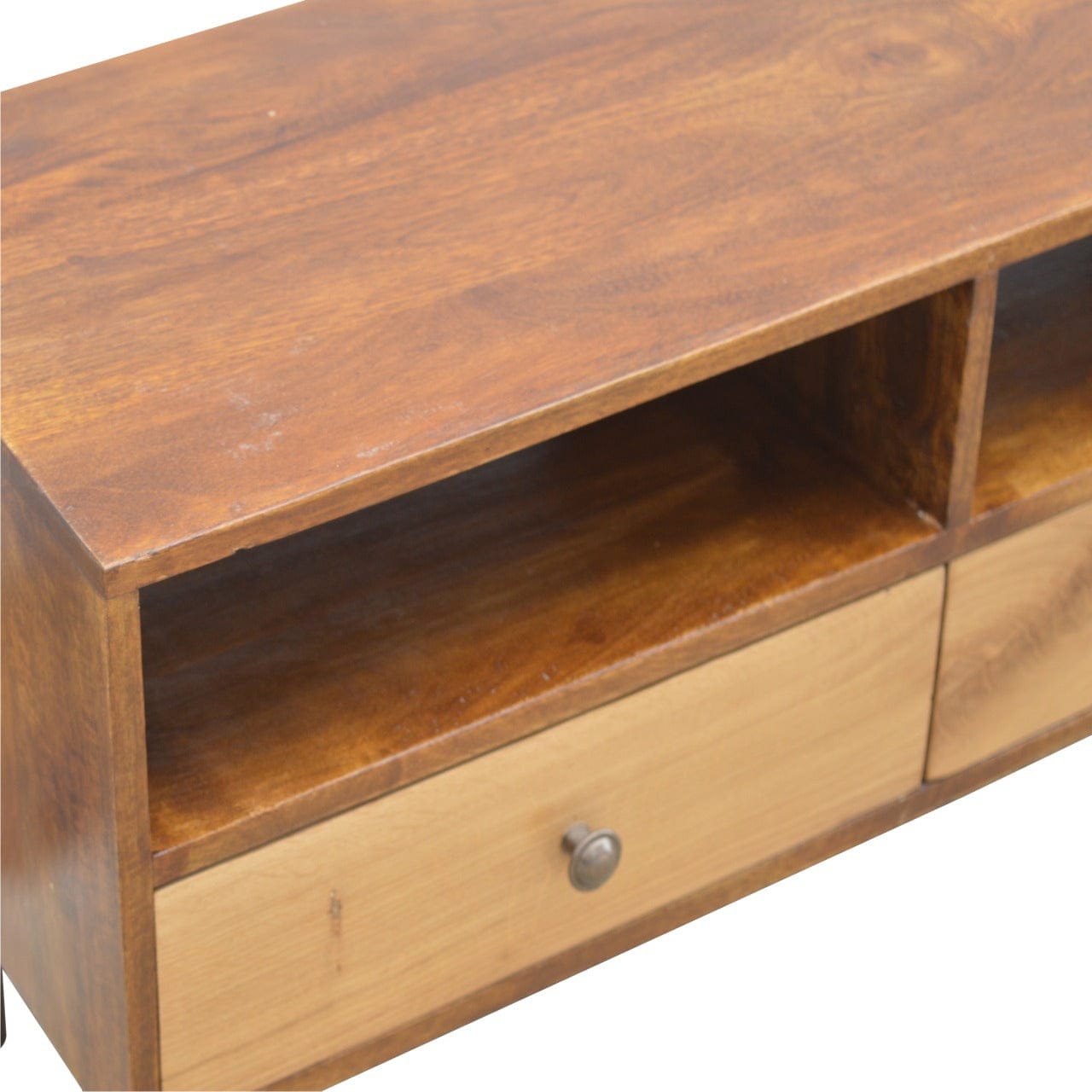 Chestnut Front TV Stand - Solid Mango Wood Entertainment Center for Living Room - product view 5 showing handcrafted...