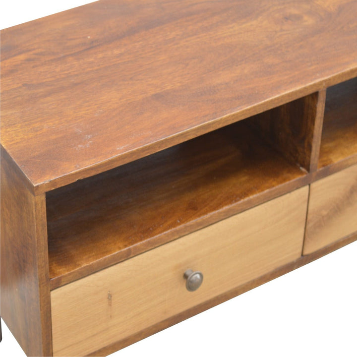 Chestnut Front TV Stand - Solid Mango Wood Entertainment Center for Living Room - product view 5 showing handcrafted...