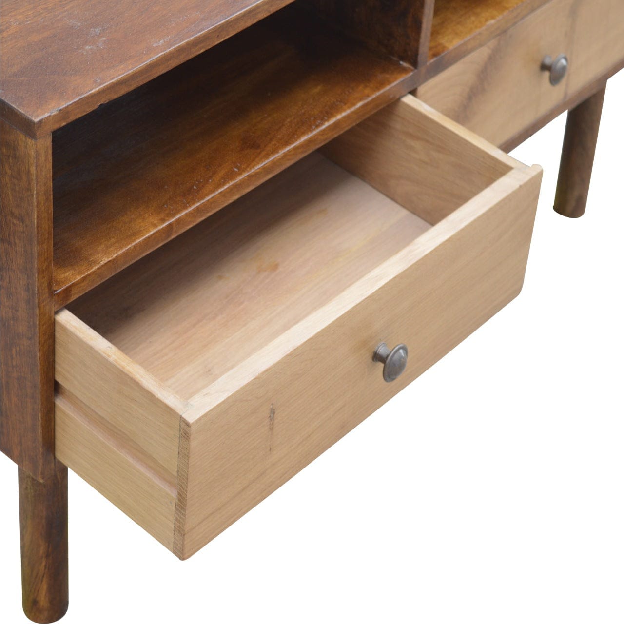 Chestnut Front TV Stand - Solid Mango Wood Entertainment Center for Living Room - product view 3 showing handcrafted...