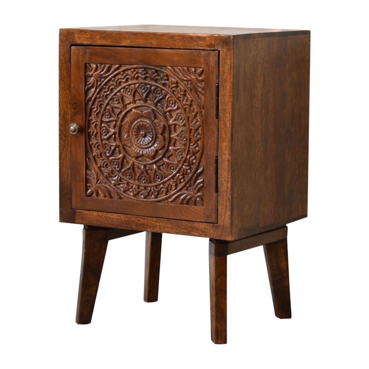 Chestnut Tova Nightstand - Solid Mango Wood Bedside Table for Bedroom - product view 3 showing handcrafted solid mango...