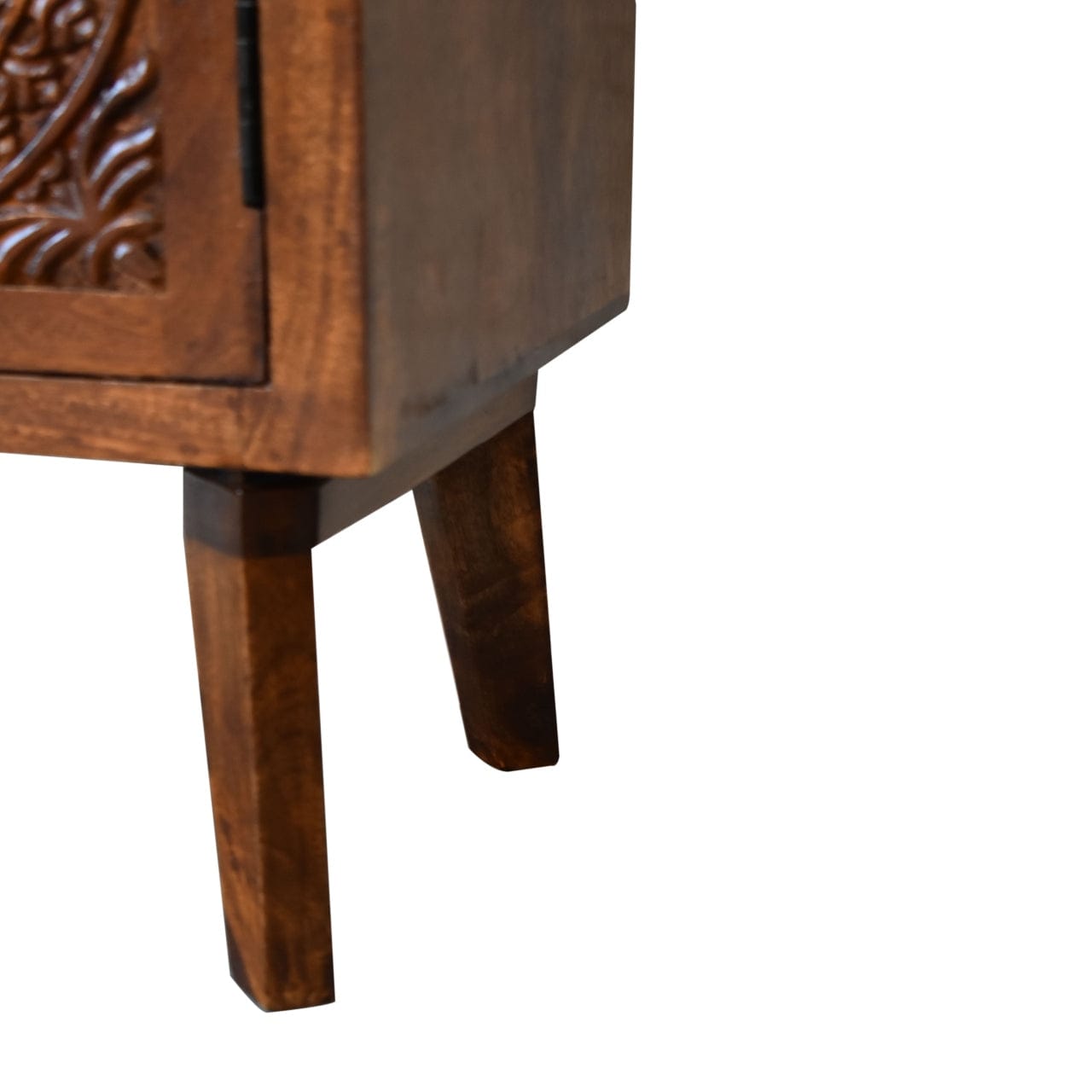 Chestnut Tova Nightstand - Solid Mango Wood Bedside Table for Bedroom - product view 8 showing handcrafted solid mango...