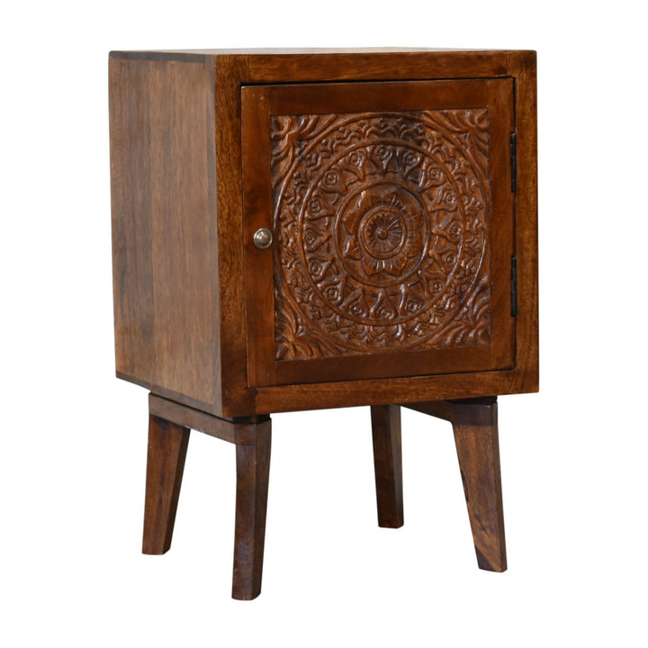 Chestnut Tova Nightstand - Solid Mango Wood Bedside Table for Bedroom - product view 4 showing handcrafted solid mango...