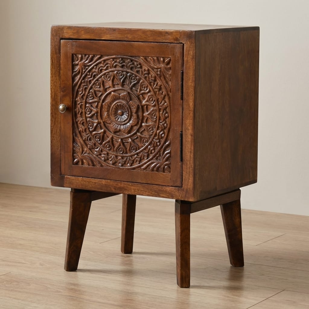 Chestnut Tova Nightstand - Solid Mango Wood Bedside Table for Bedroom - main view showing handcrafted solid mango wood...
