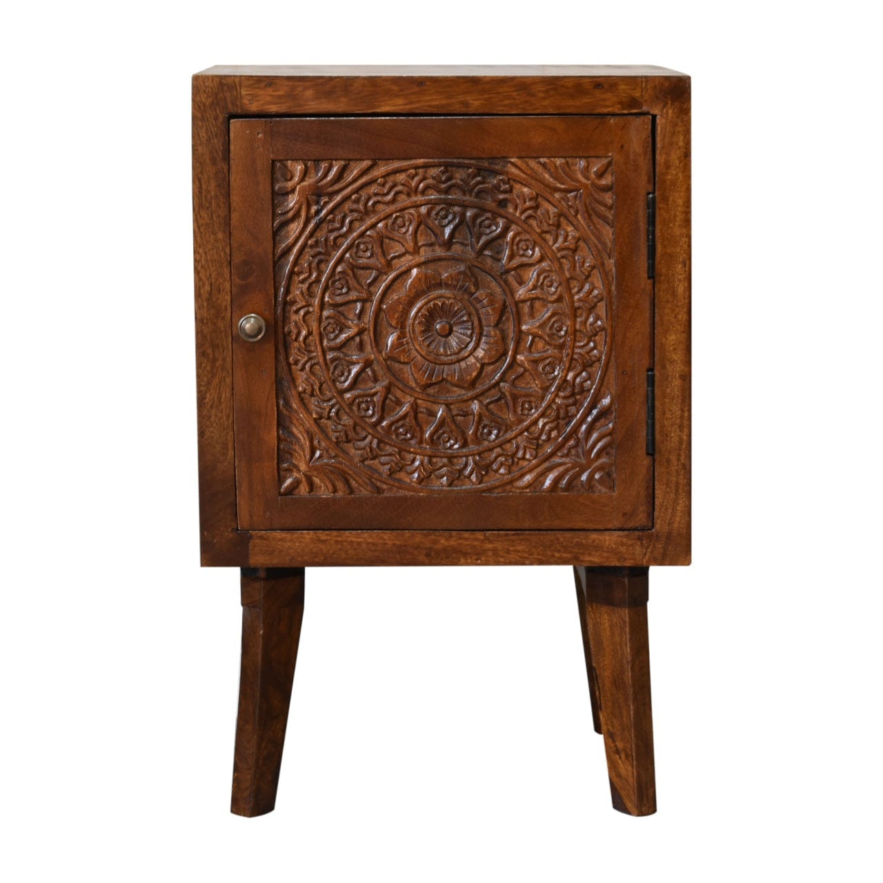 Chestnut Tova Nightstand - Solid Mango Wood Bedside Table for Bedroom - product view 2 showing handcrafted solid mango...