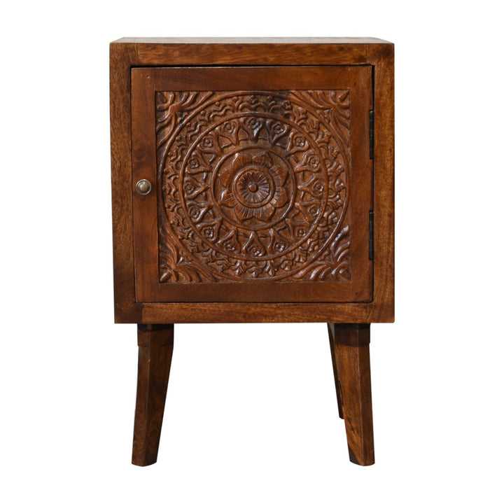 Chestnut Tova Nightstand - Solid Mango Wood Bedside Table for Bedroom - product view 2 showing handcrafted solid mango...