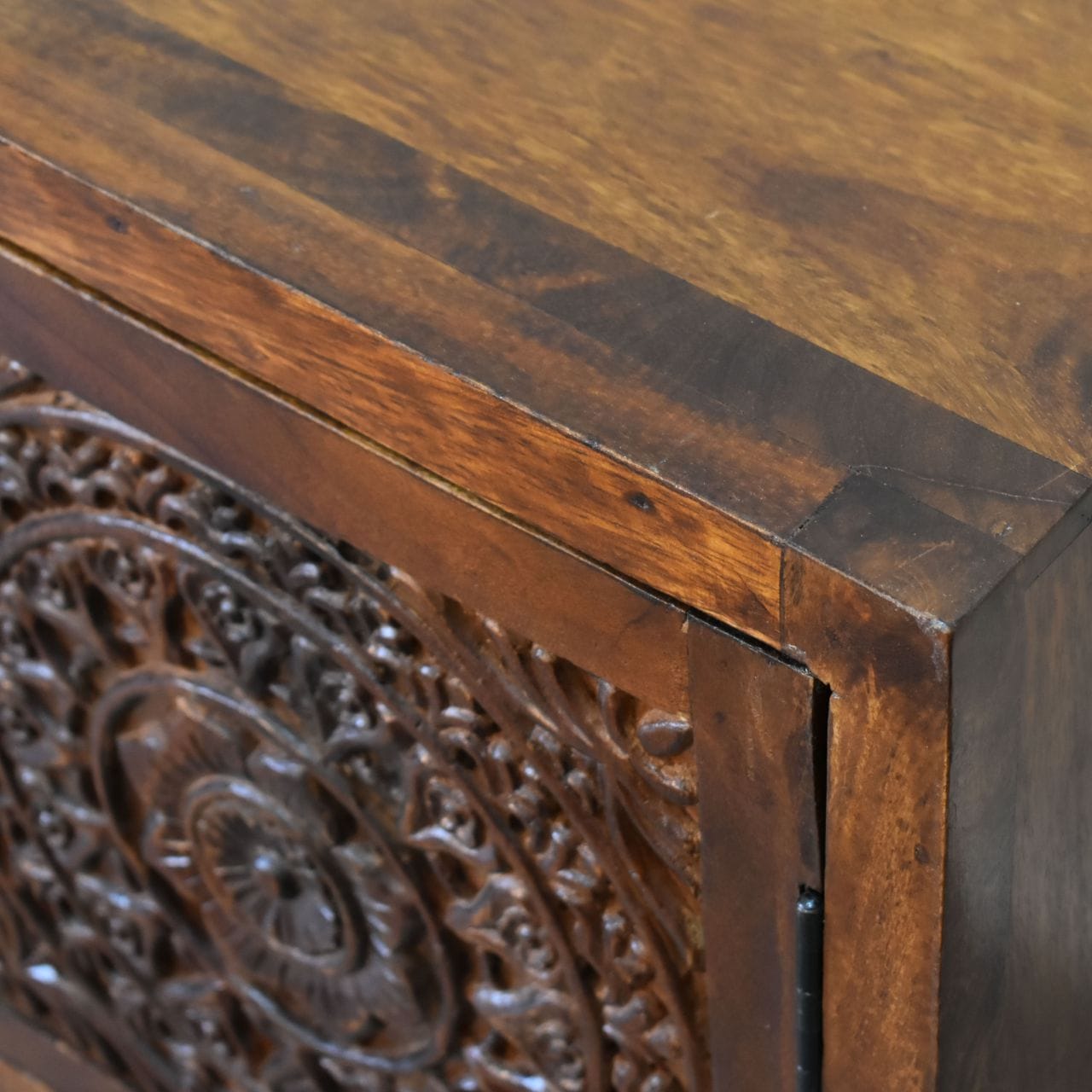Chestnut Tova Nightstand - Solid Mango Wood Bedside Table for Bedroom - product view 6 showing handcrafted solid mango...