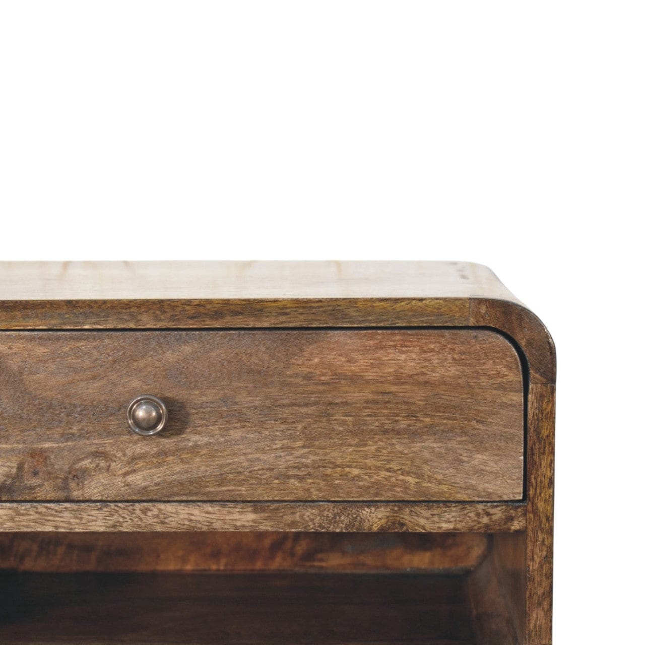 Classic Grey Rounded Edge 1-Drawer Bedside Table - Solid Mango Wood Nightstand - product view 4 showing handcrafted solid...