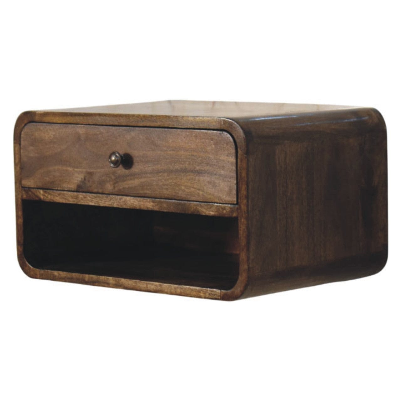 Classic Grey Rounded Edge 1-Drawer Bedside Table - Solid Mango Wood Nightstand - product view 2 showing handcrafted solid...
